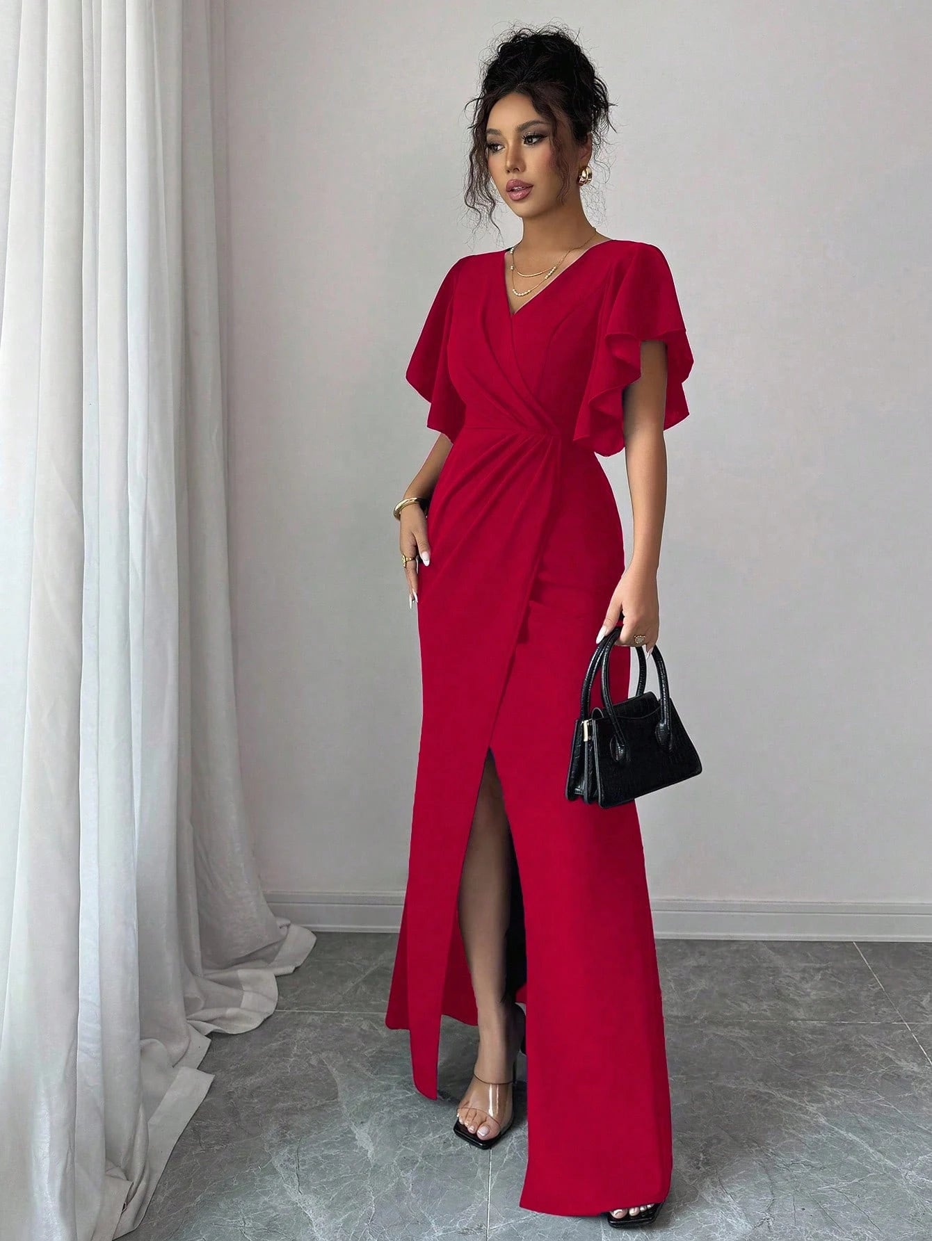 Elenzga Red Christmas Ruffle Sleeve V-Neck Waist Fitted Mermaid Hem Elegant Romantic Women Dress