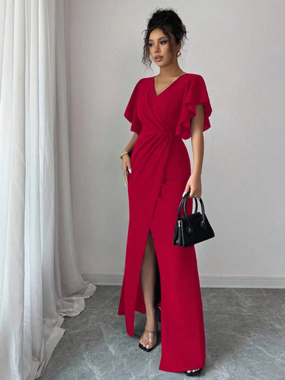 Elenzga Red Christmas Ruffle Sleeve V-Neck Waist Fitted Mermaid Hem Elegant Romantic Women Dress
