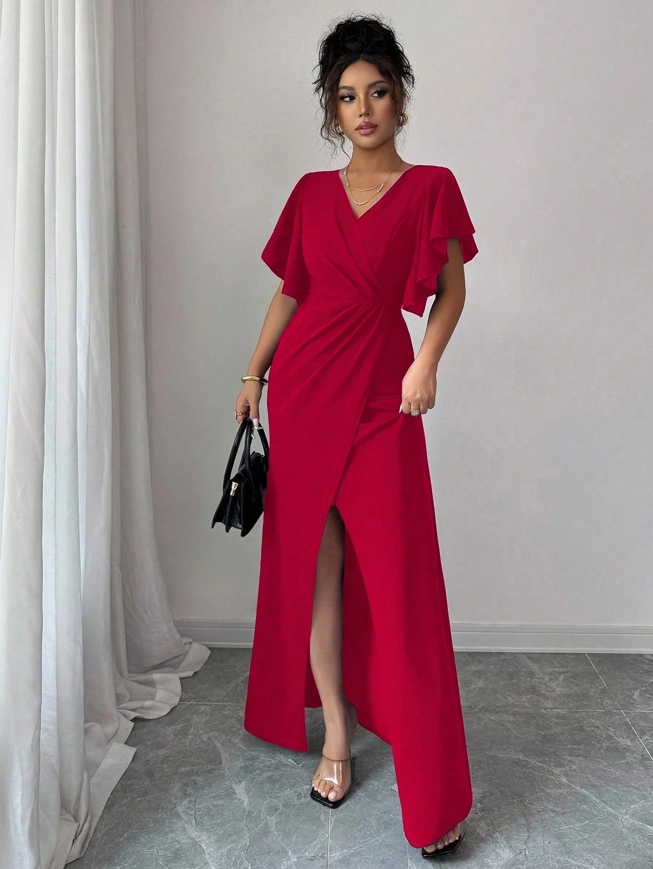 Elenzga Red Christmas Ruffle Sleeve V-Neck Waist Fitted Mermaid Hem Elegant Romantic Women Dress
