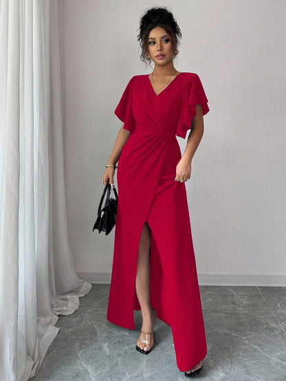Elenzga Red Christmas Ruffle Sleeve V-Neck Waist Fitted Mermaid Hem Elegant Romantic Women Dress