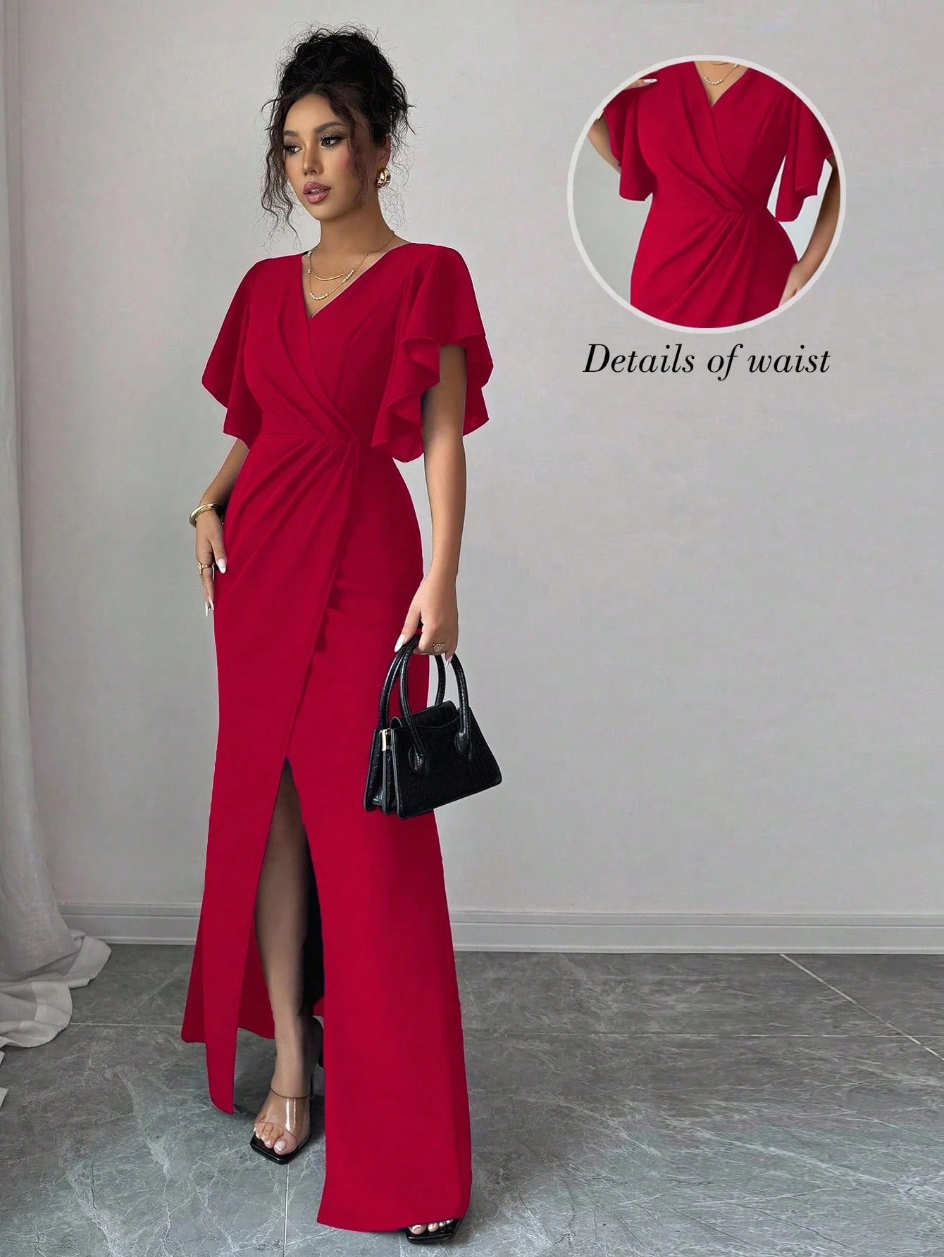 Elenzga Red Christmas Ruffle Sleeve V-Neck Waist Fitted Mermaid Hem Elegant Romantic Women Dress
