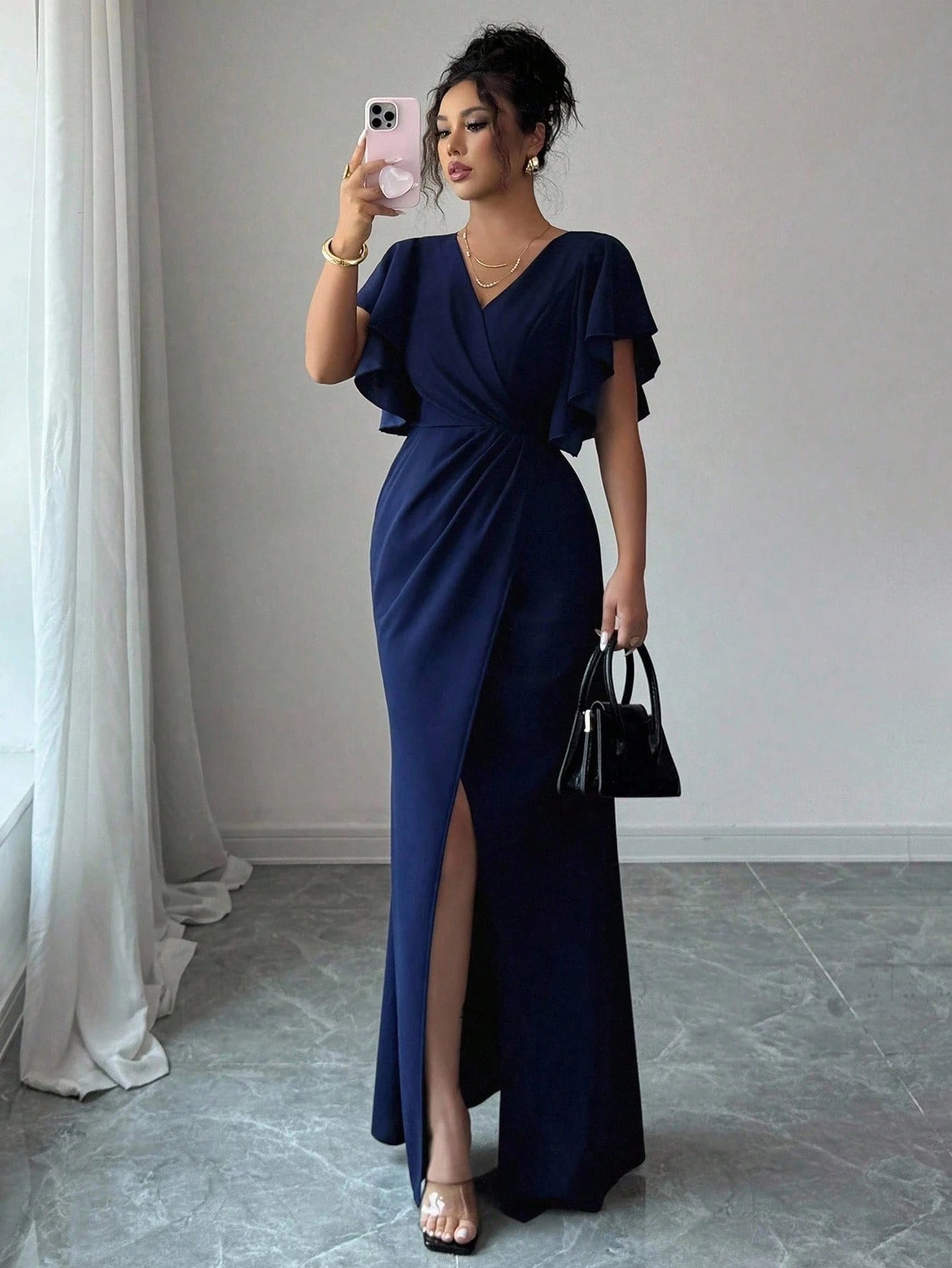 Elenzga Red Christmas Ruffle Sleeve V-Neck Waist Fitted Mermaid Hem Elegant Romantic Women Dress