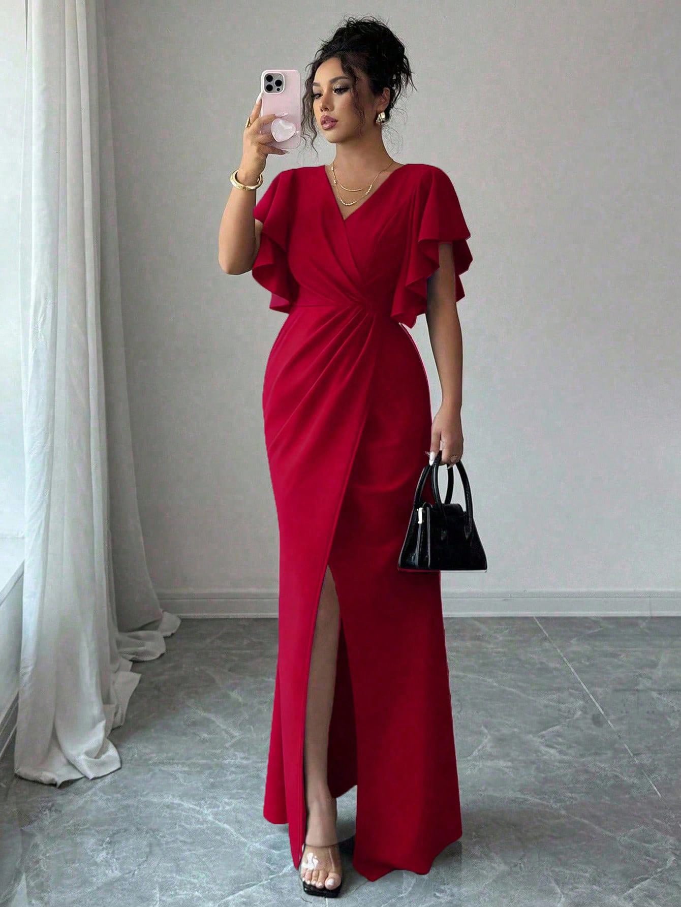 Elenzga Red Christmas Ruffle Sleeve V-Neck Waist Fitted Mermaid Hem Elegant Romantic Women Dress