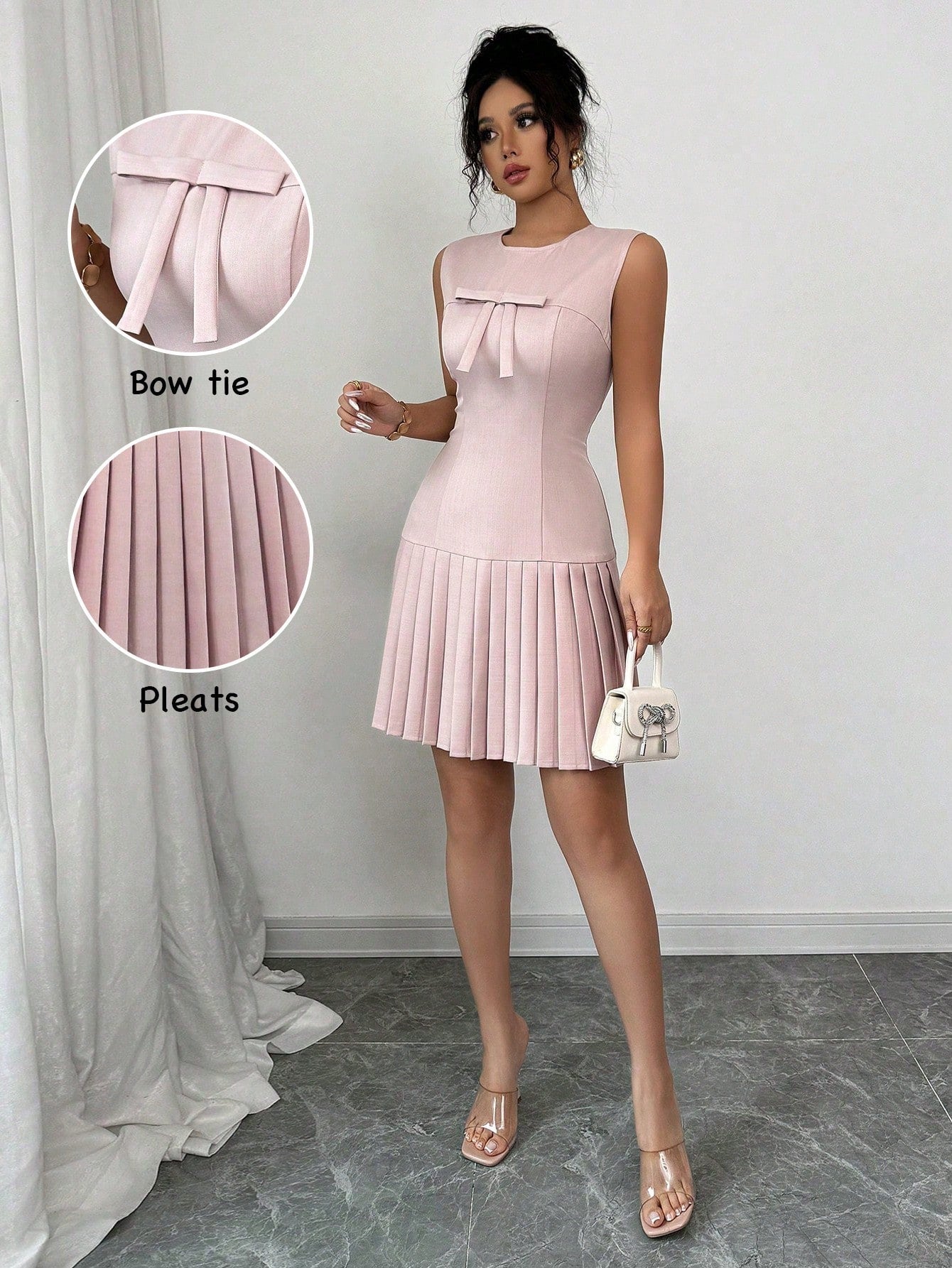 Elenzga Sleeveless Bowknot Gathered Waist Elegant French Style Versatile Dress, Pink