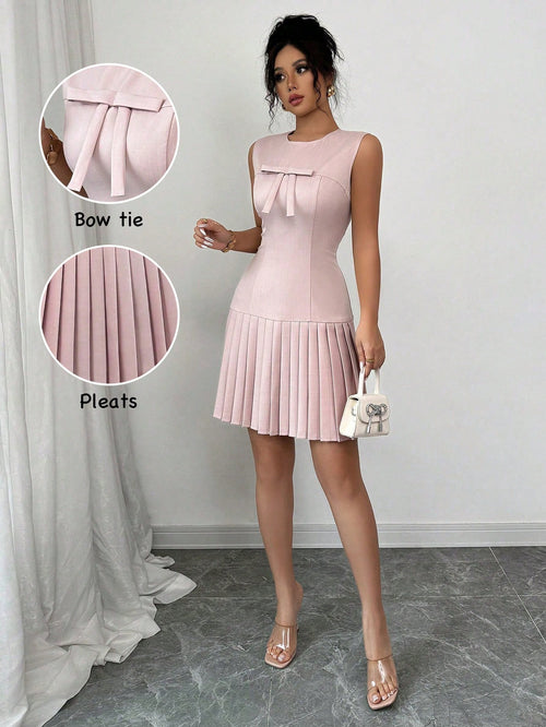 Elenzga Sleeveless Bowknot Gathered Waist Elegant French Style Versatile Dress, Pink