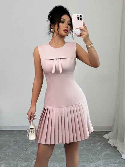 Elenzga Sleeveless Bowknot Gathered Waist Elegant French Style Versatile Dress, Pink