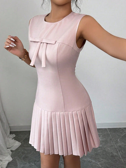 Elenzga Sleeveless Bowknot Gathered Waist Elegant French Style Versatile Dress, Pink