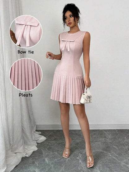 Elenzga Sleeveless Bowknot Gathered Waist Elegant French Style Versatile Dress, Pink
