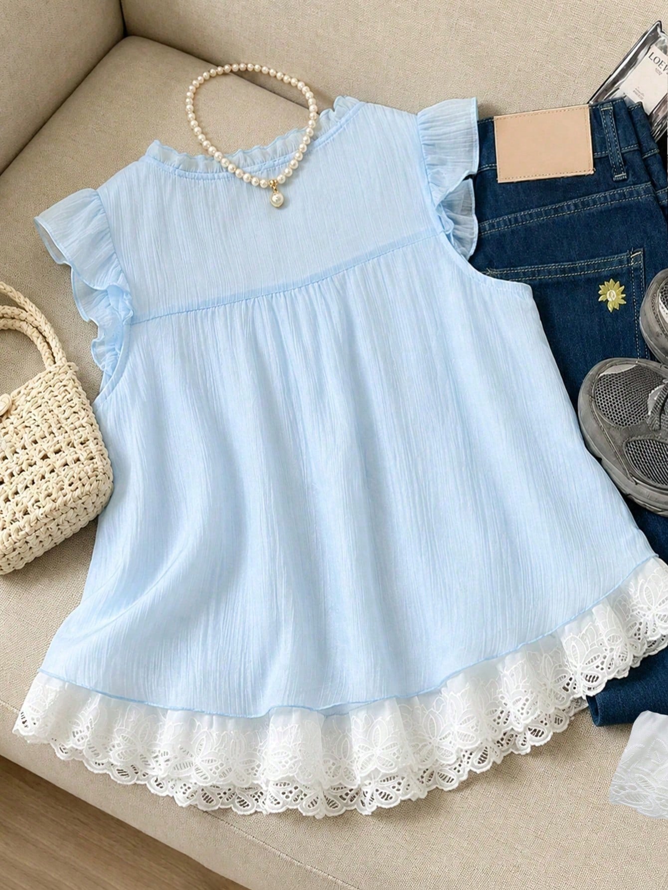 Elenzga Summer New Blue Polka Dot Ruffle Trim Front Bow Tie French Sweet Romantic Vacation 2pcs Women's Shirts