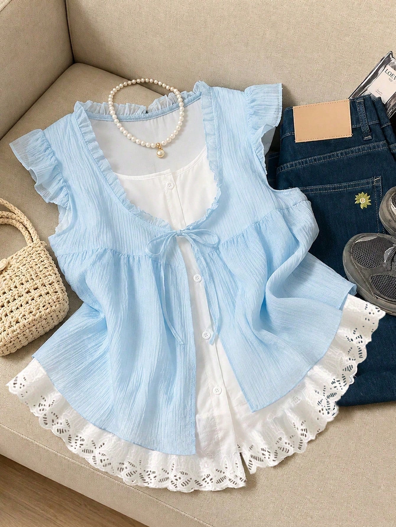 Elenzga Summer New Blue Polka Dot Ruffle Trim Front Bow Tie French Sweet Romantic Vacation 2pcs Women's Shirts