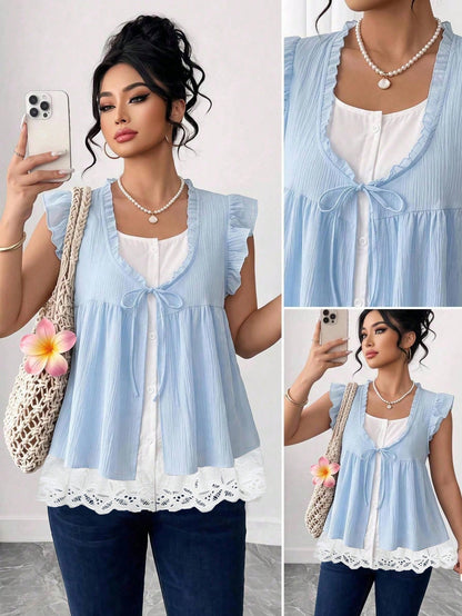 Elenzga Summer New Blue Polka Dot Ruffle Trim Front Bow Tie French Sweet Romantic Vacation 2pcs Women's Shirts