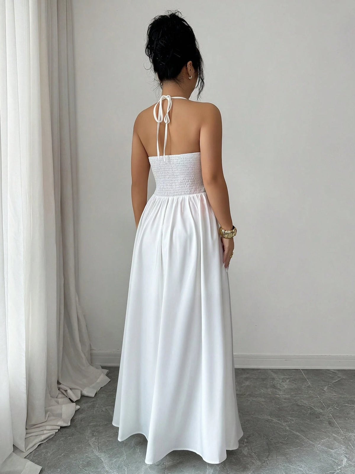 Elenzga V-Neck Floral Print Dress With Tie Back, Open Slit Hem, Elastic Back, Elegant Casual Vacation Dress