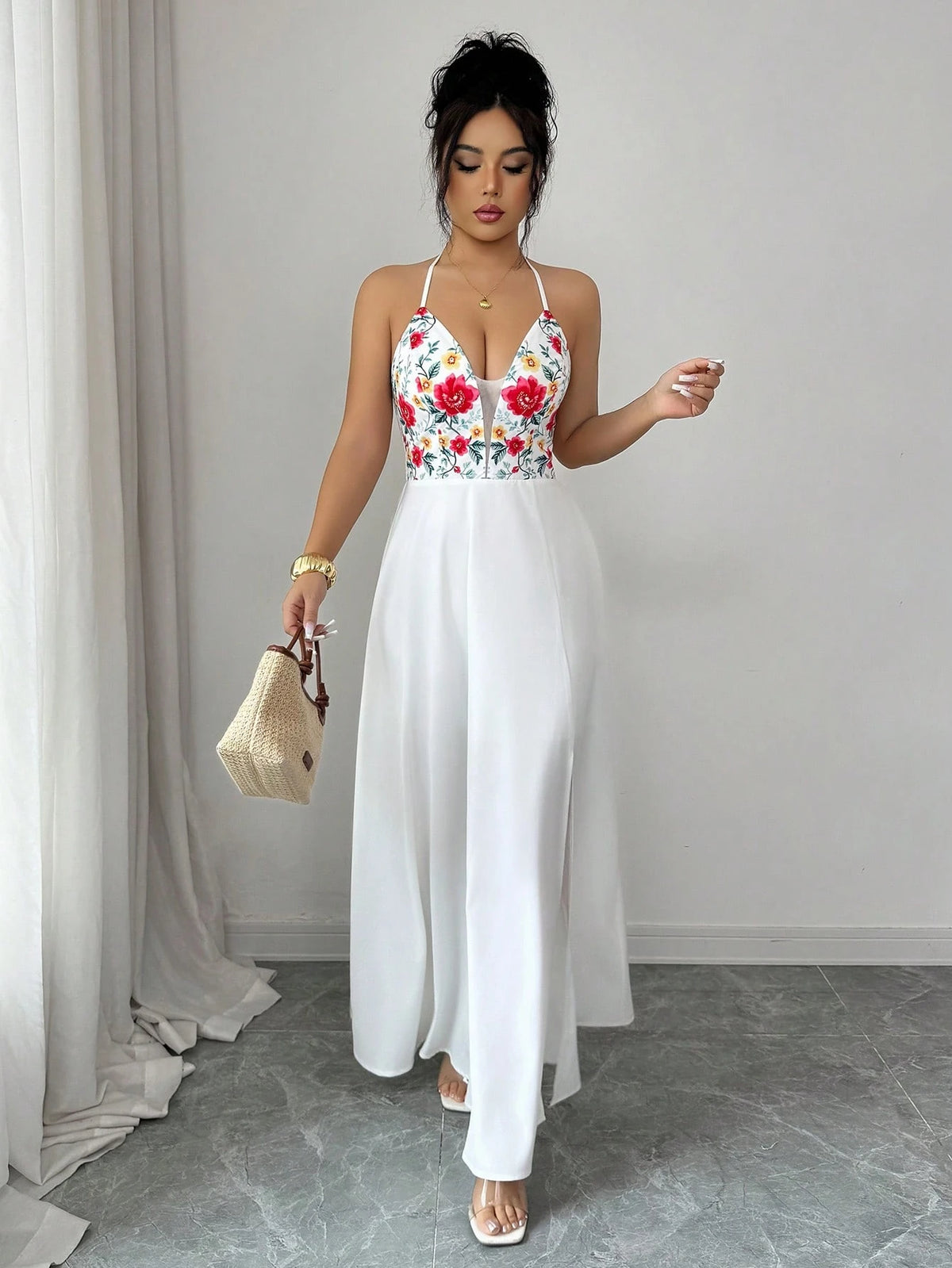 Elenzga V-Neck Floral Print Dress With Tie Back, Open Slit Hem, Elastic Back, Elegant Casual Vacation Dress