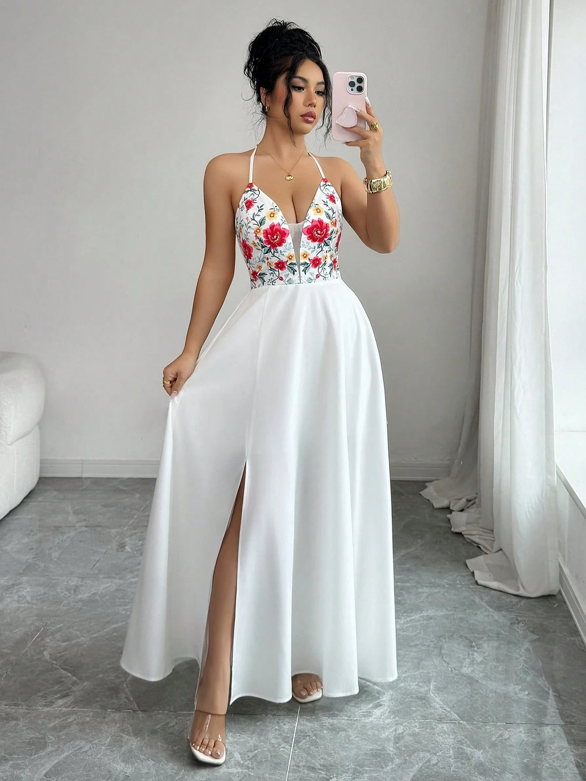 Elenzga V-Neck Floral Print Dress With Tie Back, Open Slit Hem, Elastic Back, Elegant Casual Vacation Dress