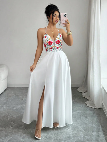 Elenzga V-Neck Floral Print Dress With Tie Back, Open Slit Hem, Elastic Back, Elegant Casual Vacation Dress