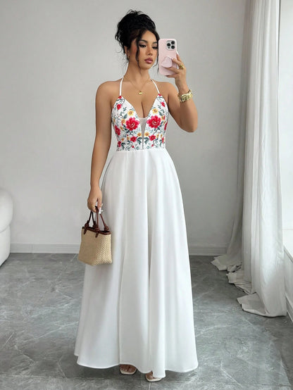 Elenzga V-Neck Floral Print Dress With Tie Back, Open Slit Hem, Elastic Back, Elegant Casual Vacation Dress