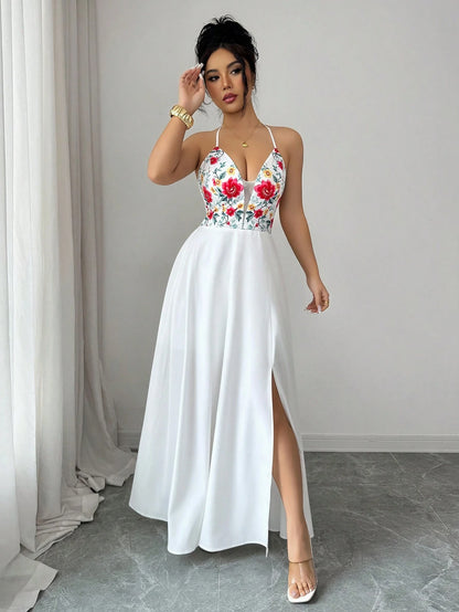 Elenzga V-Neck Floral Print Dress With Tie Back, Open Slit Hem, Elastic Back, Elegant Casual Vacation Dress