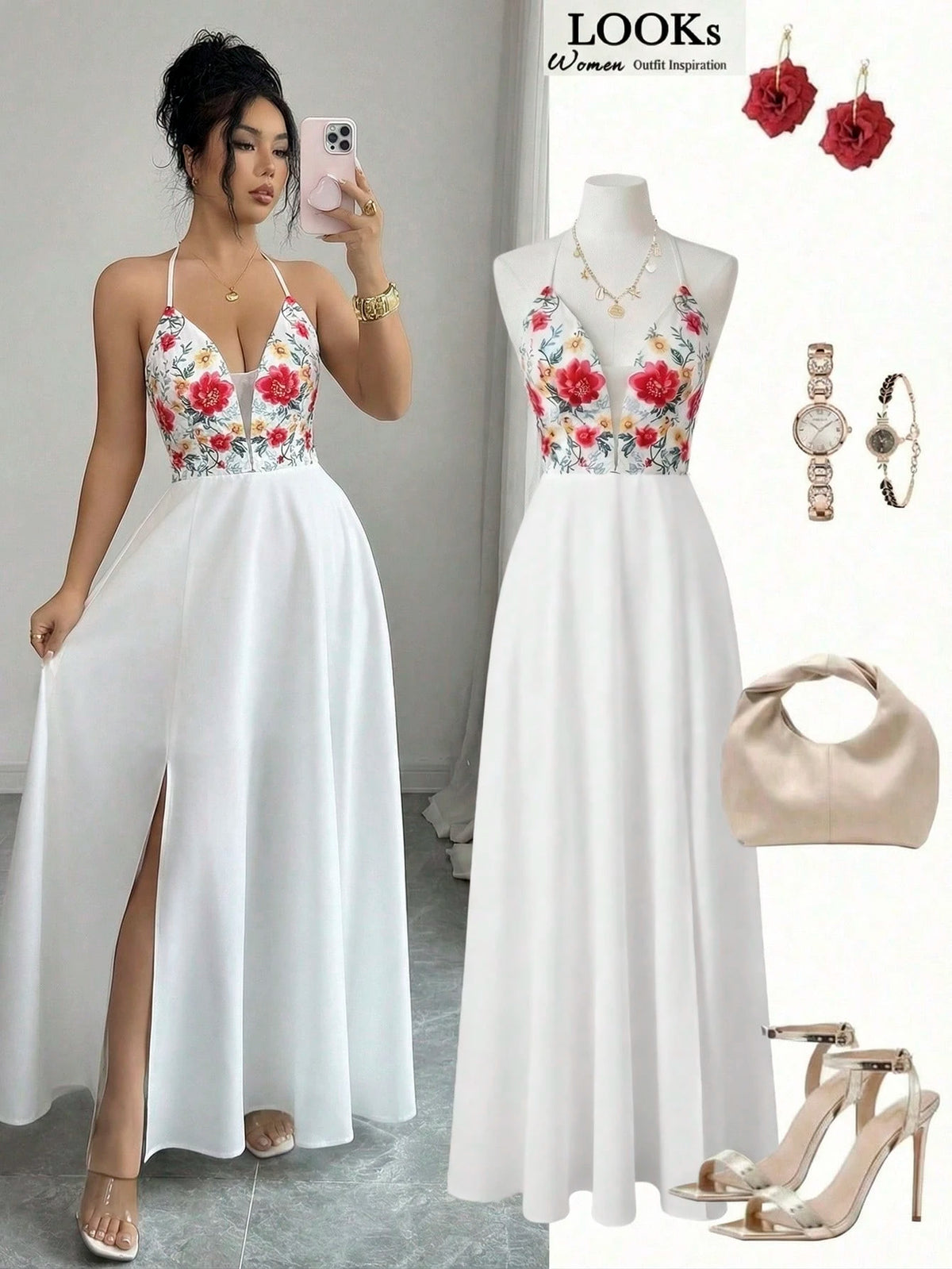 Elenzga V-Neck Floral Print Dress With Tie Back, Open Slit Hem, Elastic Back, Elegant Casual Vacation Dress