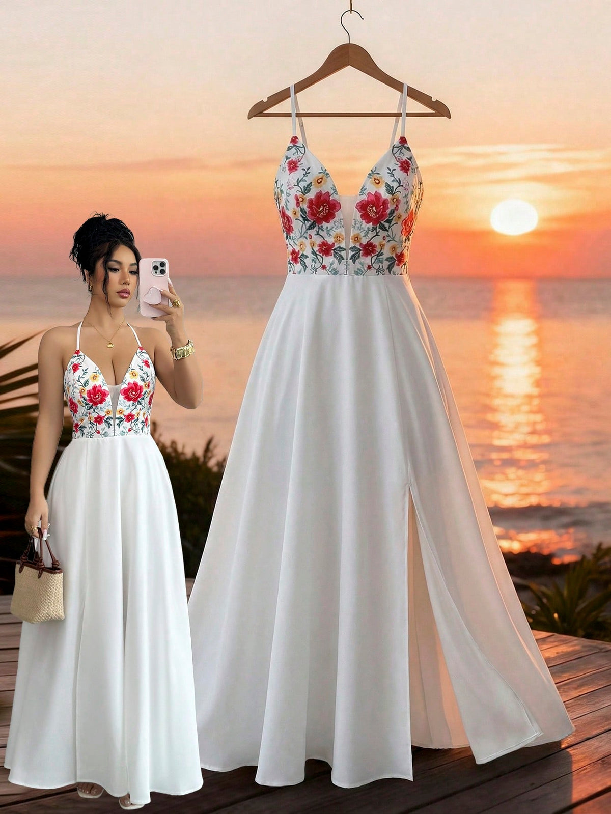 Elenzga V-Neck Floral Print Dress With Tie Back, Open Slit Hem, Elastic Back, Elegant Casual Vacation Dress