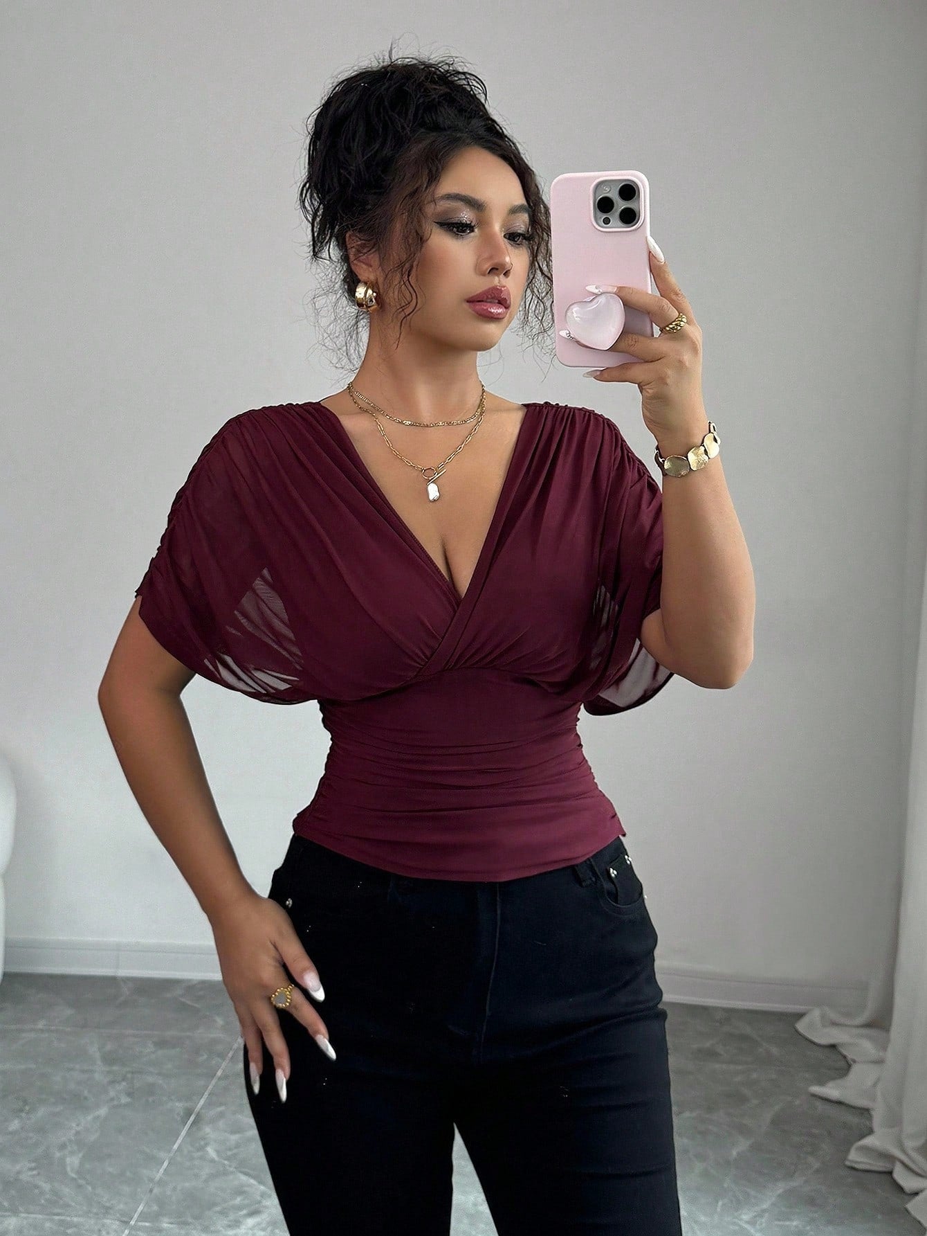 Elenzga Women's Burgundy Summer Elegant Night Out Elastic Mesh Lining Crossover Shirred Ruched Stretchable Ruffle Hem T-Shirt,French Beach Vacation