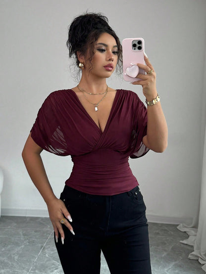 Elenzga Women's Burgundy Summer Elegant Night Out Elastic Mesh Lining Crossover Shirred Ruched Stretchable Ruffle Hem T-Shirt,French Beach Vacation