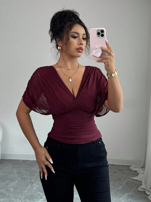 Elenzga Women's Burgundy Summer Elegant Night Out Elastic Mesh Lining Crossover Shirred Ruched Stretchable Ruffle Hem T-Shirt,French Beach Vacation