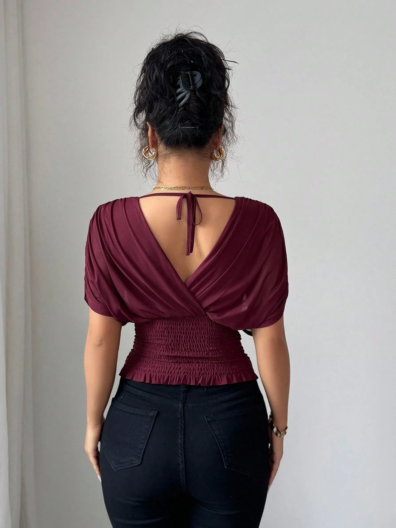 Elenzga Women's Burgundy Summer Elegant Night Out Elastic Mesh Lining Crossover Shirred Ruched Stretchable Ruffle Hem T-Shirt,French Beach Vacation