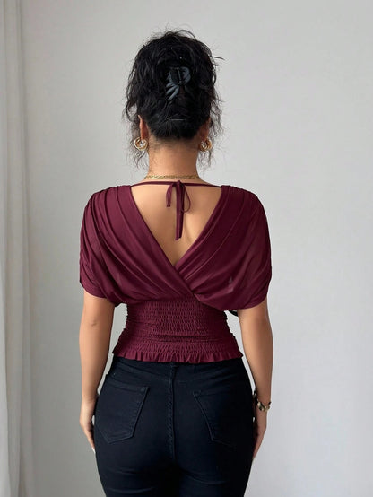 Elenzga Women's Burgundy Summer Elegant Night Out Elastic Mesh Lining Crossover Shirred Ruched Stretchable Ruffle Hem T-Shirt,French Beach Vacation