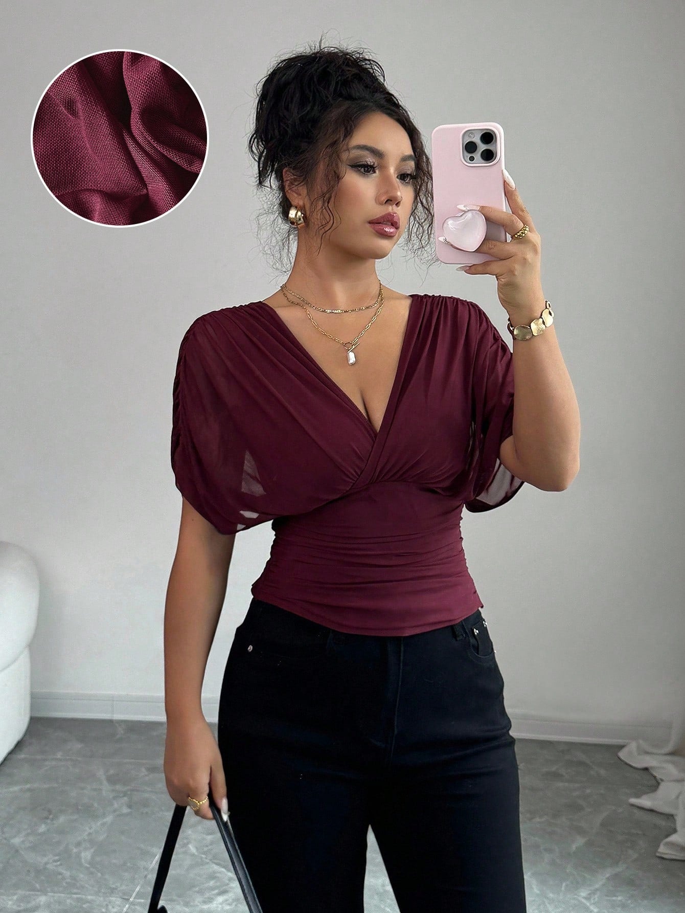 Elenzga Women's Burgundy Summer Elegant Night Out Elastic Mesh Lining Crossover Shirred Ruched Stretchable Ruffle Hem T-Shirt,French Beach Vacation