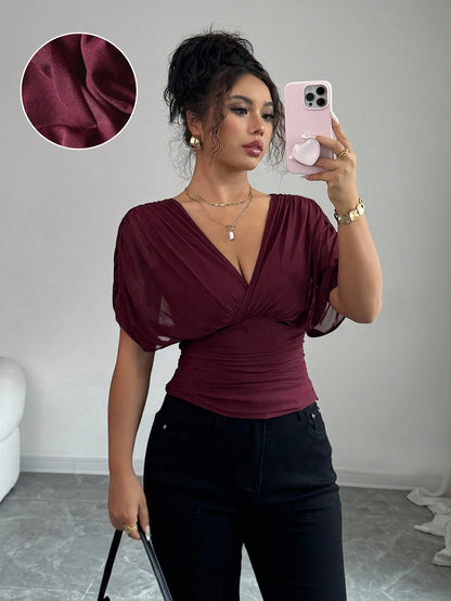 Elenzga Women's Burgundy Summer Elegant Night Out Elastic Mesh Lining Crossover Shirred Ruched Stretchable Ruffle Hem T-Shirt,French Beach Vacation