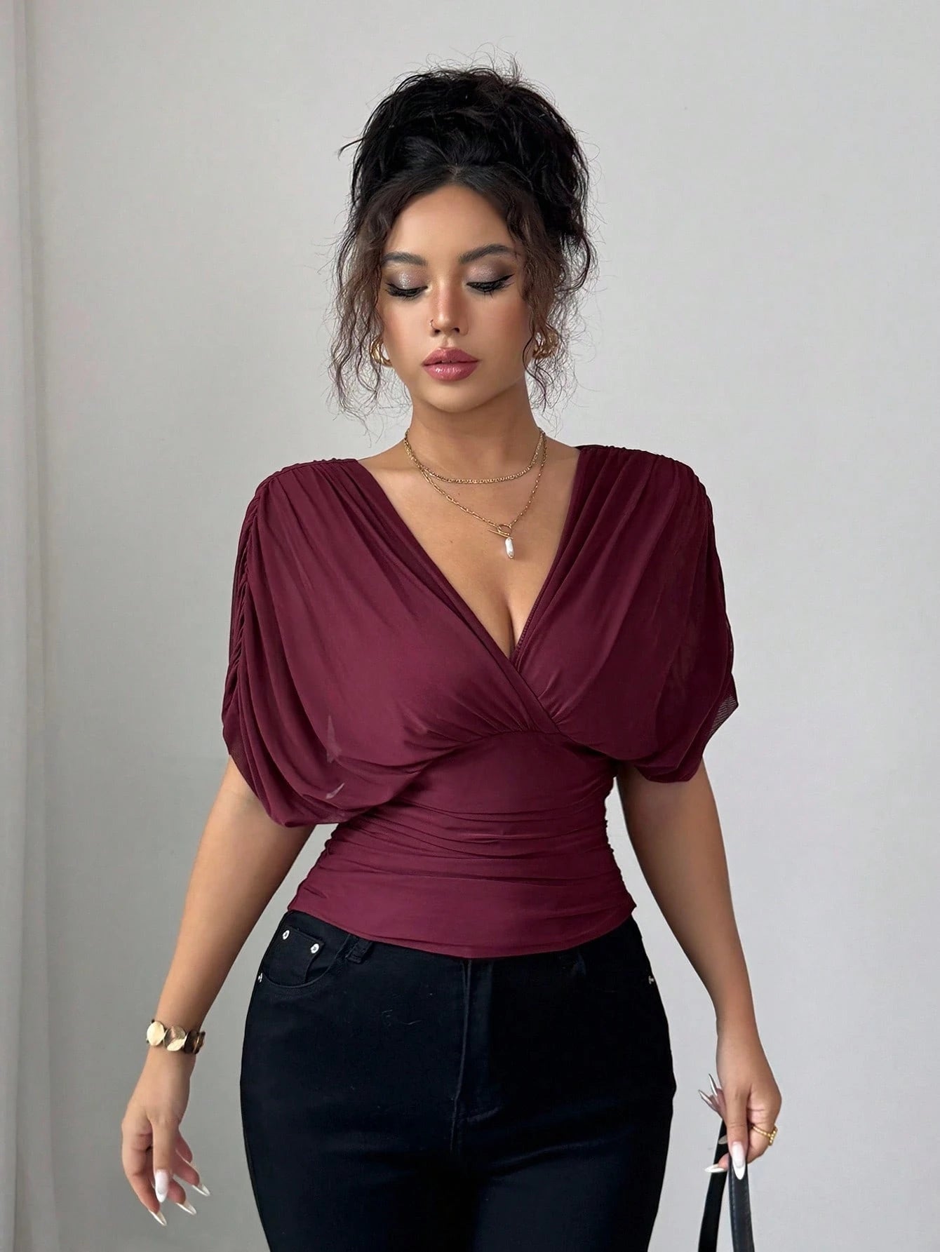 Elenzga Women's Burgundy Summer Elegant Night Out Elastic Mesh Lining Crossover Shirred Ruched Stretchable Ruffle Hem T-Shirt,French Beach Vacation