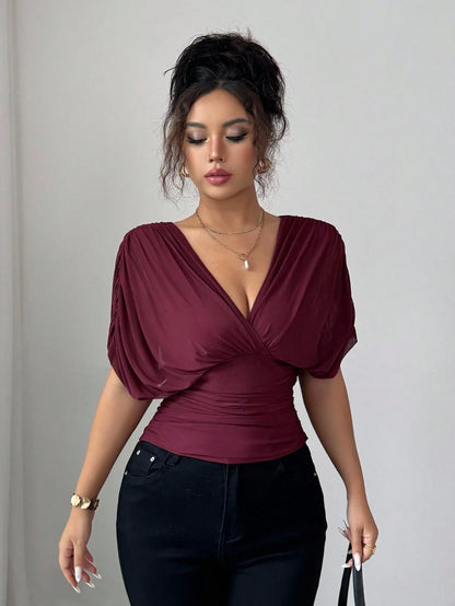 Elenzga Women's Burgundy Summer Elegant Night Out Elastic Mesh Lining Crossover Shirred Ruched Stretchable Ruffle Hem T-Shirt,French Beach Vacation