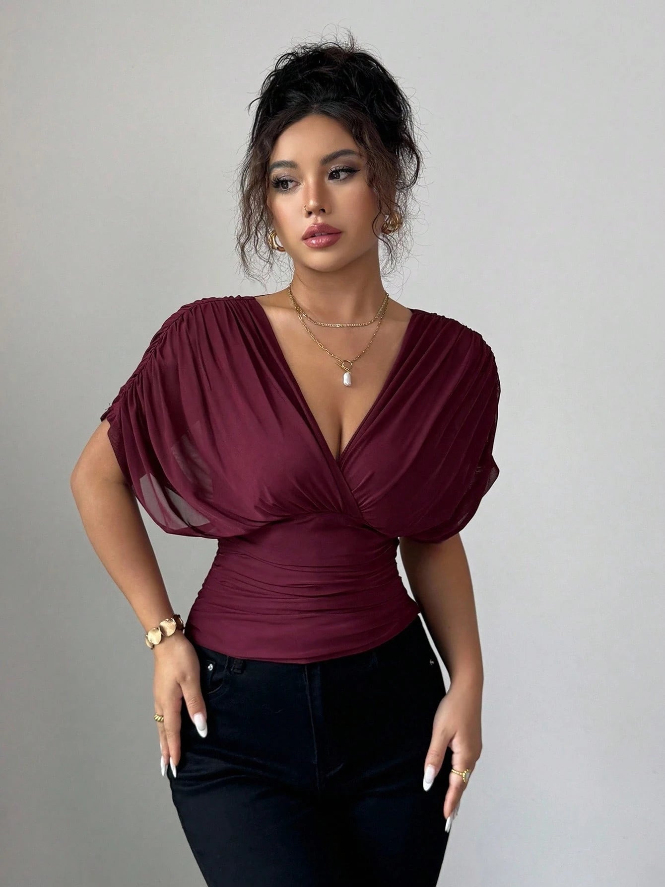 Elenzga Women's Burgundy Summer Elegant Night Out Elastic Mesh Lining Crossover Shirred Ruched Stretchable Ruffle Hem T-Shirt,French Beach Vacation
