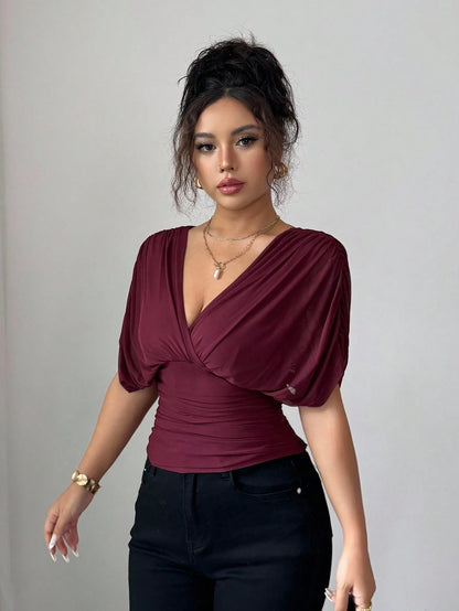 Elenzga Women's Burgundy Summer Elegant Night Out Elastic Mesh Lining Crossover Shirred Ruched Stretchable Ruffle Hem T-Shirt,French Beach Vacation
