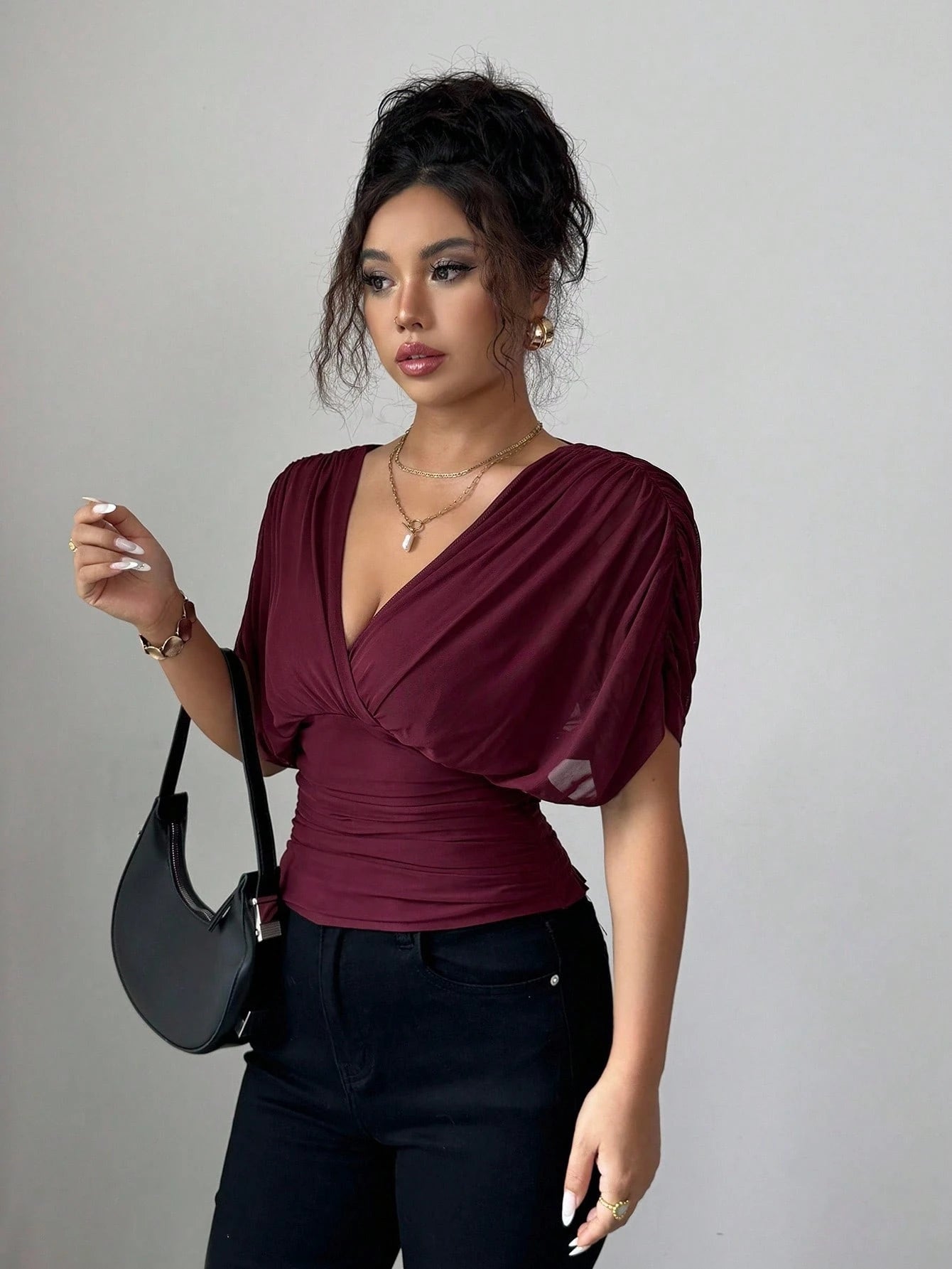 Elenzga Women's Burgundy Summer Elegant Night Out Elastic Mesh Lining Crossover Shirred Ruched Stretchable Ruffle Hem T-Shirt,French Beach Vacation
