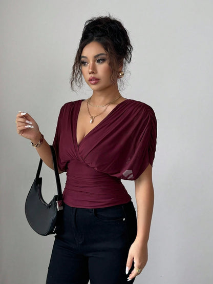 Elenzga Women's Burgundy Summer Elegant Night Out Elastic Mesh Lining Crossover Shirred Ruched Stretchable Ruffle Hem T-Shirt,French Beach Vacation
