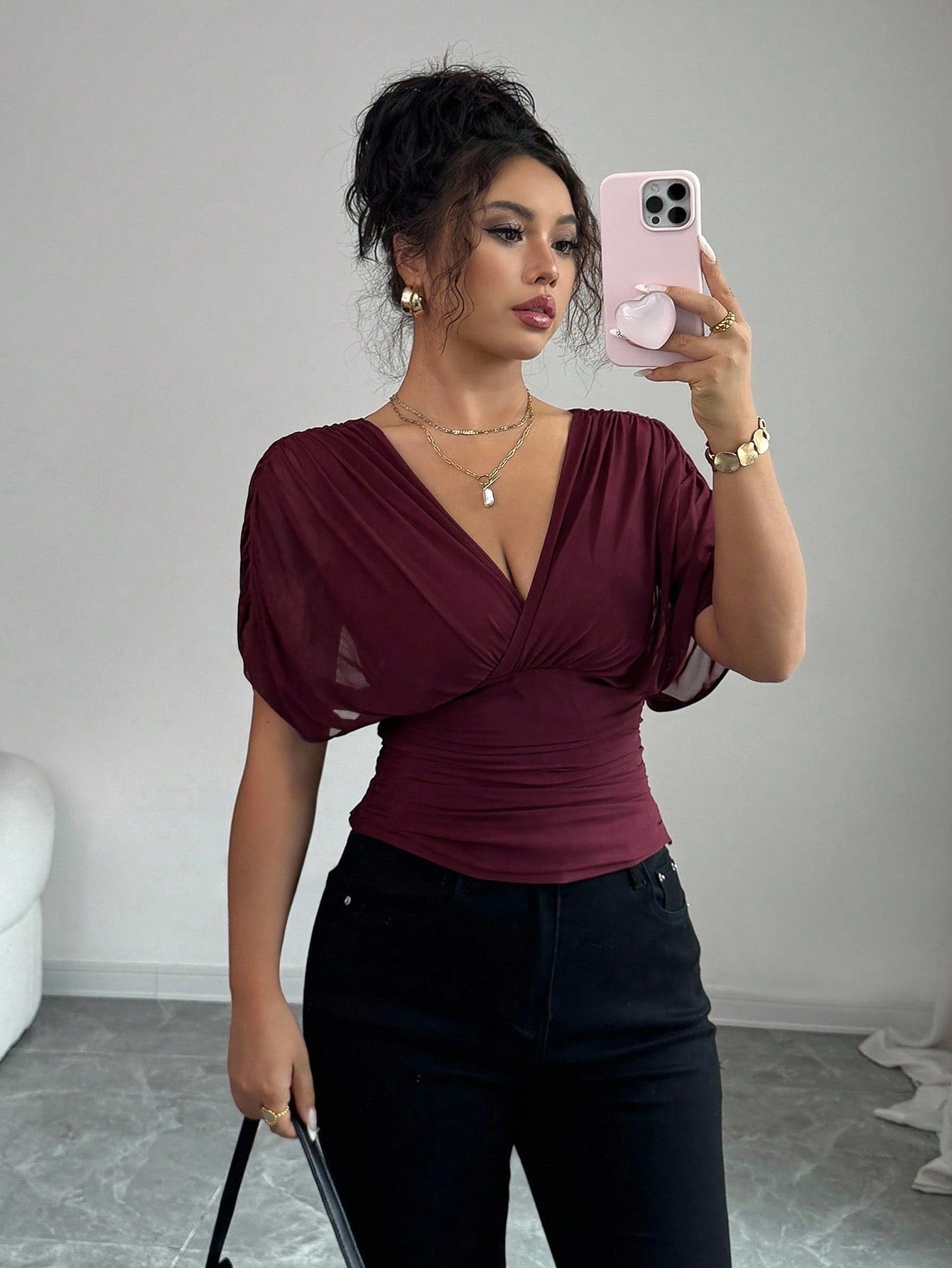 Elenzga Women's Burgundy Summer Elegant Night Out Elastic Mesh Lining Crossover Shirred Ruched Stretchable Ruffle Hem T-Shirt,French Beach Vacation