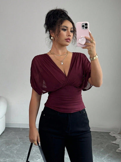 Elenzga Women's Burgundy Summer Elegant Night Out Elastic Mesh Lining Crossover Shirred Ruched Stretchable Ruffle Hem T-Shirt,French Beach Vacation