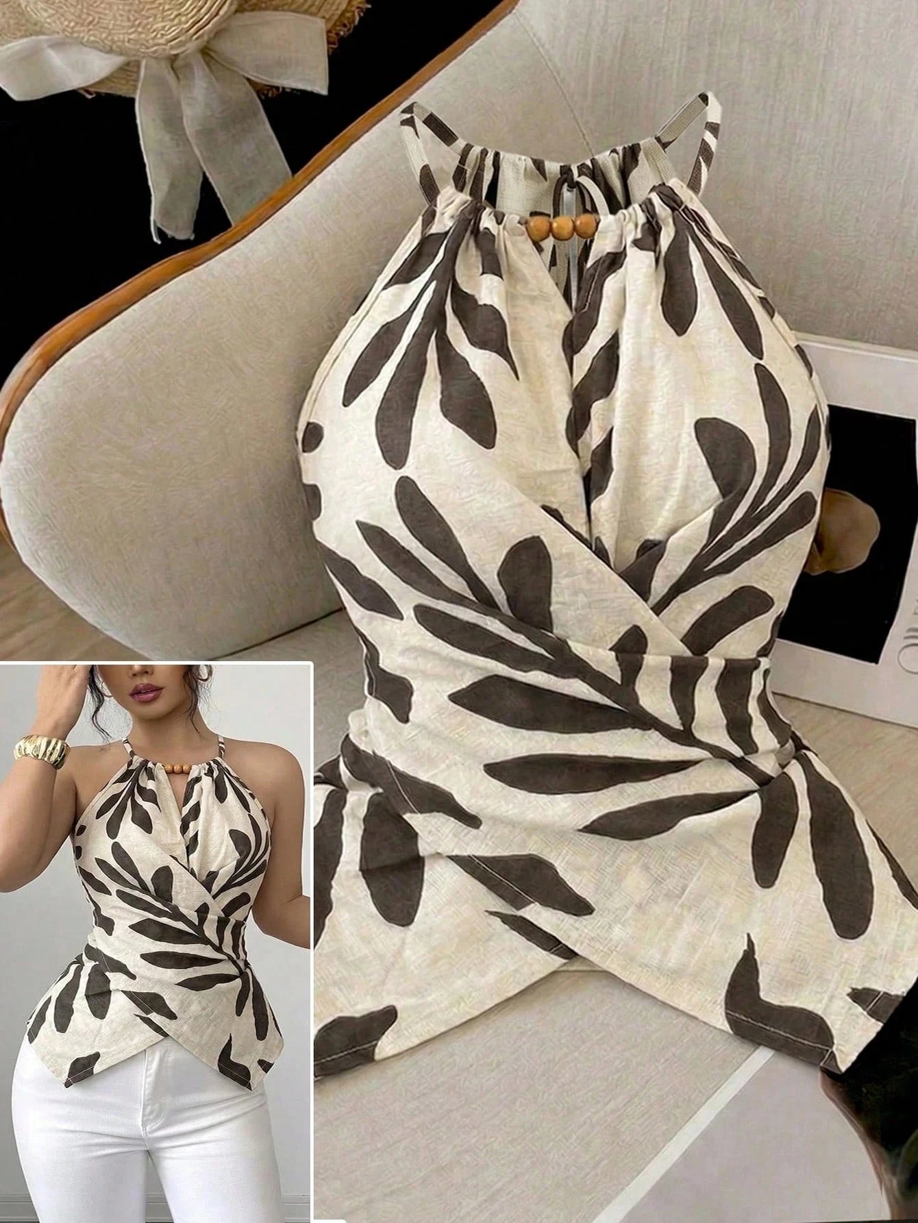 Elenzga Women's Elegant Leaf Print Halter Neck Tank Top,Beige Summer Boho Vacation Holiday Sleeveless Bow Tie Wood Bead Asymmetric Hem Criss-Cross Slim Top