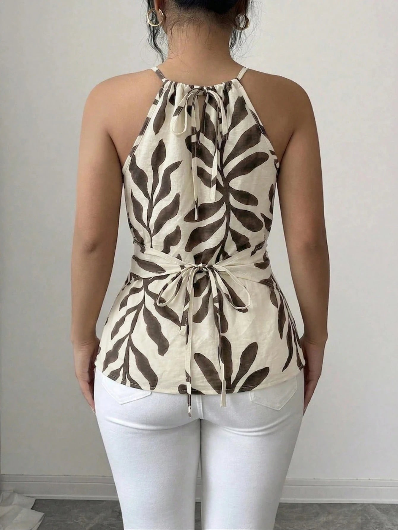 Elenzga Women's Elegant Leaf Print Halter Neck Tank Top,Beige Summer Boho Vacation Holiday Sleeveless Bow Tie Wood Bead Asymmetric Hem Criss-Cross Slim Top