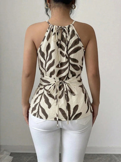 Elenzga Women's Elegant Leaf Print Halter Neck Tank Top,Beige Summer Boho Vacation Holiday Sleeveless Bow Tie Wood Bead Asymmetric Hem Criss-Cross Slim Top