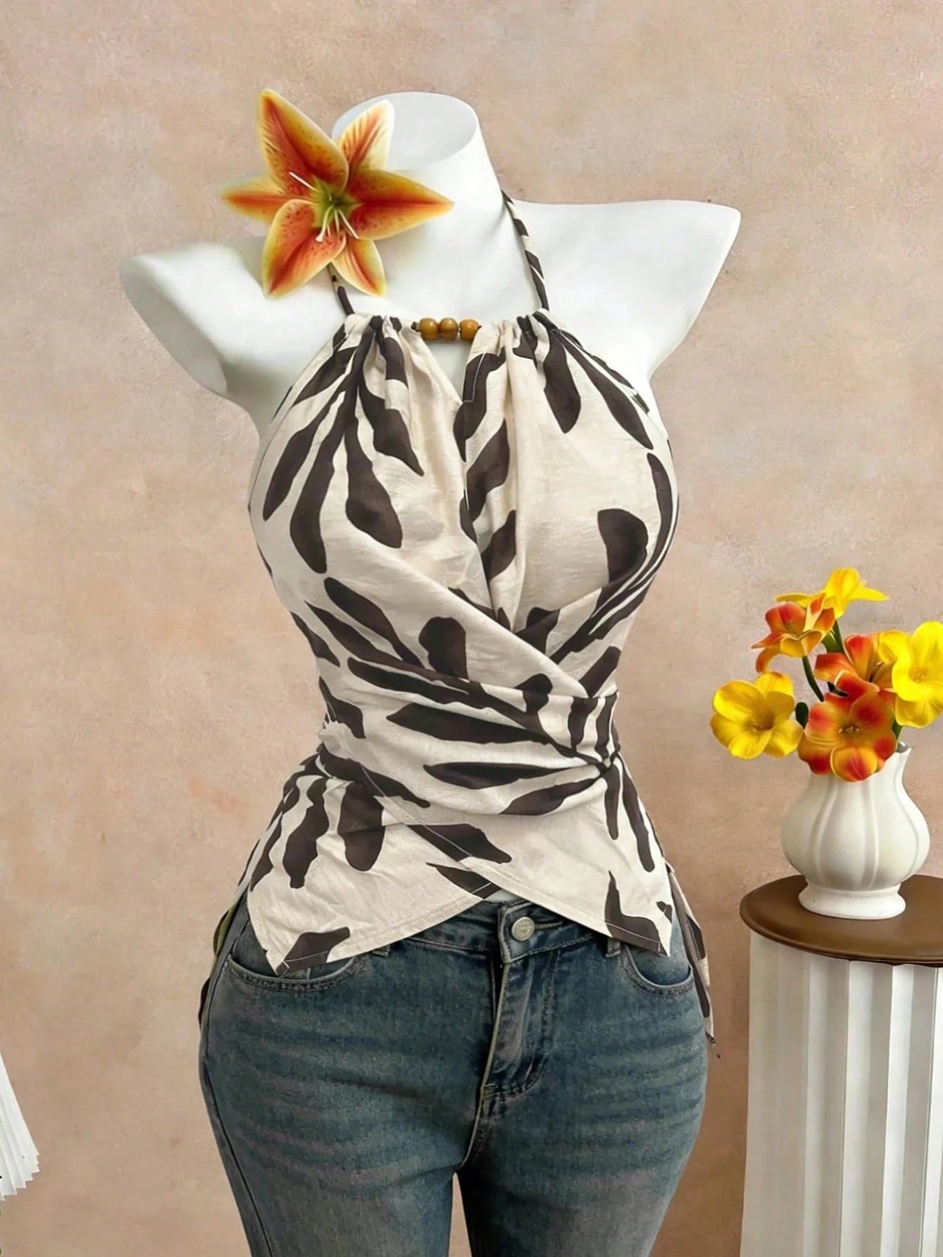 Elenzga Women's Elegant Leaf Print Halter Neck Tank Top,Beige Summer Boho Vacation Holiday Sleeveless Bow Tie Wood Bead Asymmetric Hem Criss-Cross Slim Top