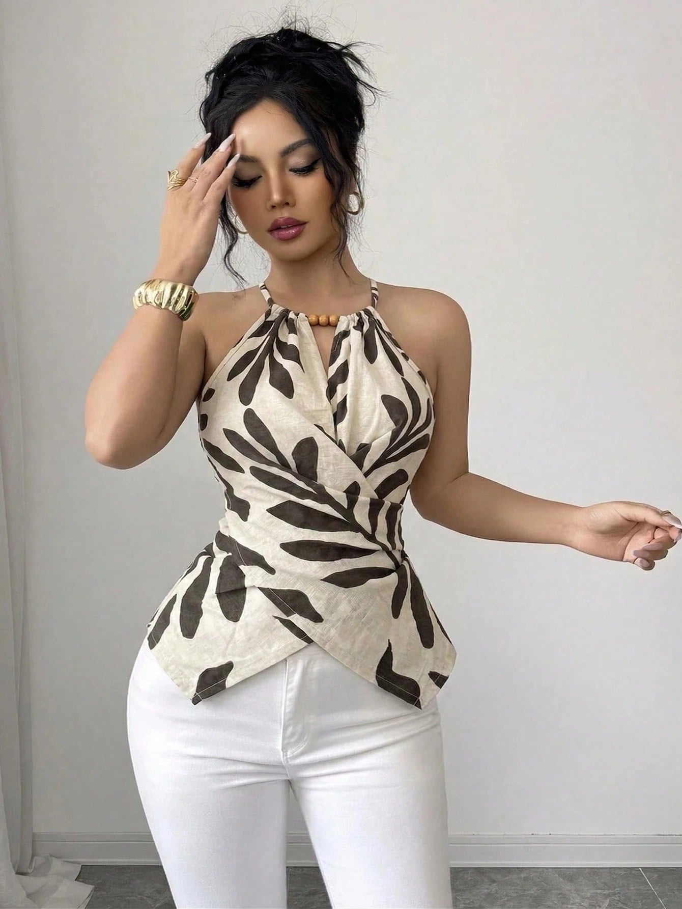 Elenzga Women's Elegant Leaf Print Halter Neck Tank Top,Beige Summer Boho Vacation Holiday Sleeveless Bow Tie Wood Bead Asymmetric Hem Criss-Cross Slim Top