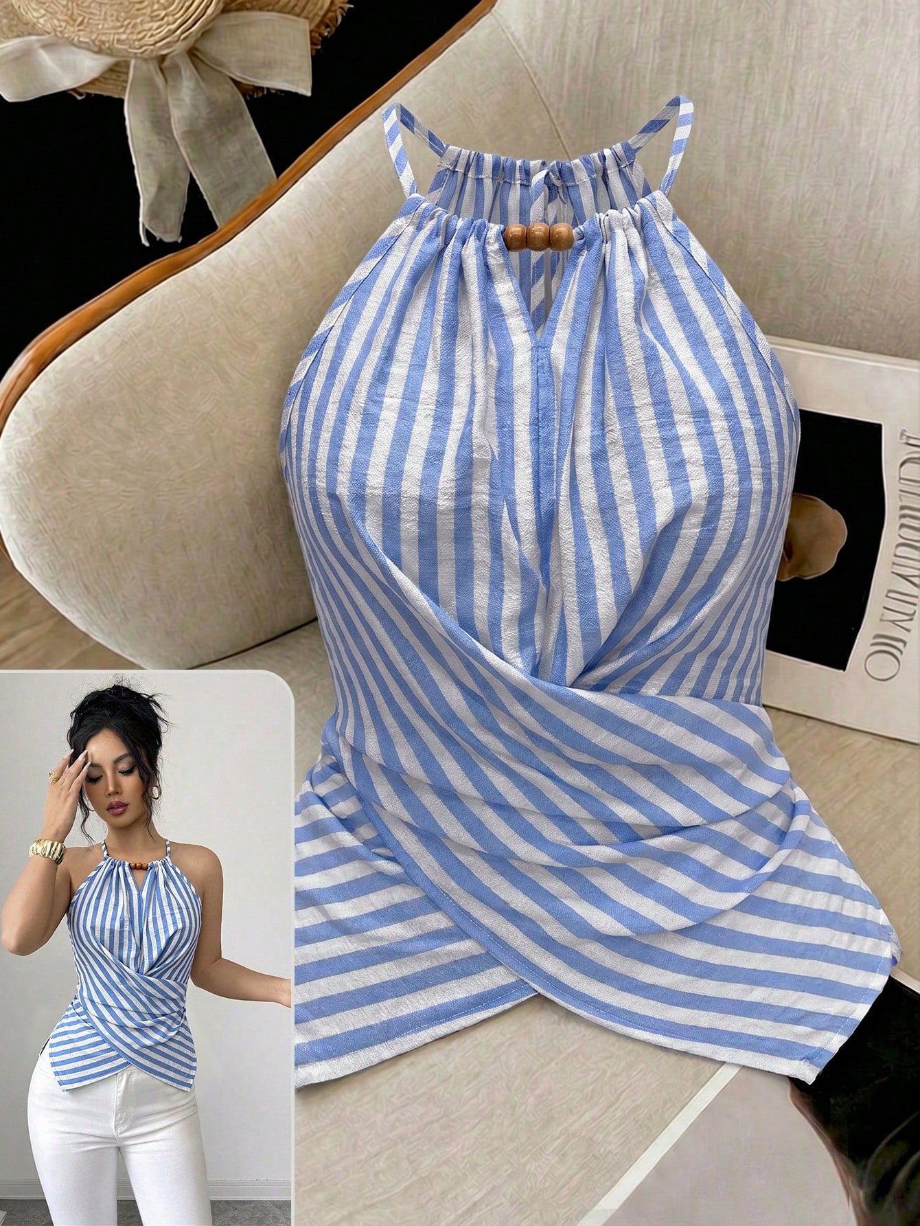 Elenzga Women's Elegant Leaf Print Halter Neck Tank Top,Beige Summer Boho Vacation Holiday Sleeveless Bow Tie Wood Bead Asymmetric Hem Criss-Cross Slim Top