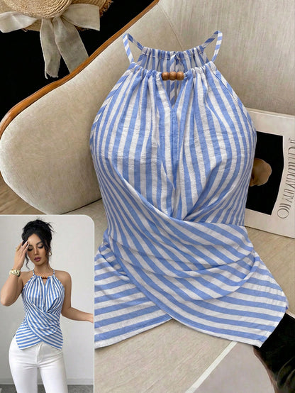 Elenzga Women's Elegant Leaf Print Halter Neck Tank Top,Beige Summer Boho Vacation Holiday Sleeveless Bow Tie Wood Bead Asymmetric Hem Criss-Cross Slim Top