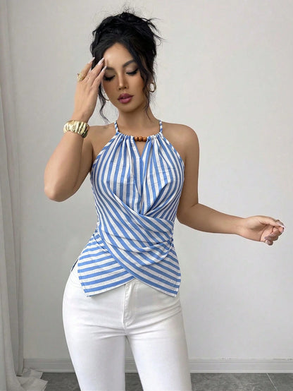 Elenzga Women's Elegant Leaf Print Halter Neck Tank Top,Beige Summer Boho Vacation Holiday Sleeveless Bow Tie Wood Bead Asymmetric Hem Criss-Cross Slim Top