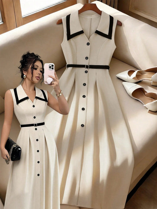 Elenzga Women's Elegant Retro Lapel Cinched Waist Button Waist Fitted Midi Dress, Apricot/Black, Commuting & Formal, Spring/Summer