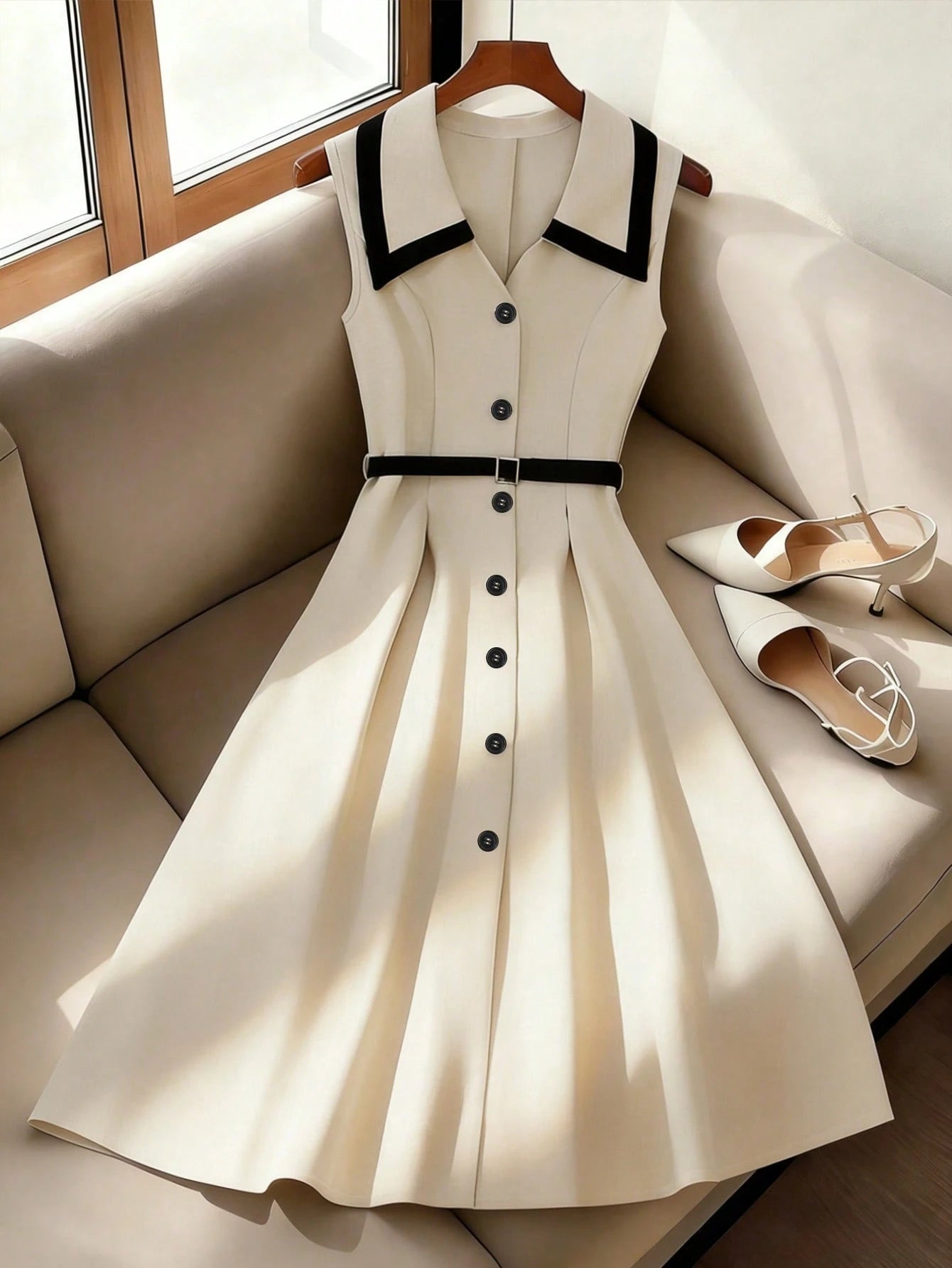 Elenzga Women's Elegant Retro Lapel Cinched Waist Button Waist Fitted Midi Dress, Apricot/Black, Commuting & Formal, Spring/Summer