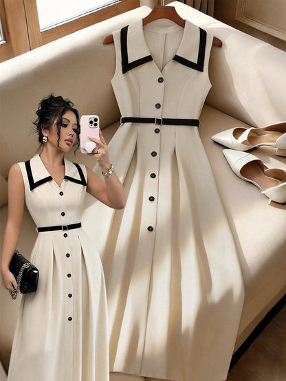 Elenzga Women's Elegant Retro Lapel Cinched Waist Button Waist Fitted Midi Dress, Apricot/Black, Commuting & Formal, Spring/Summer