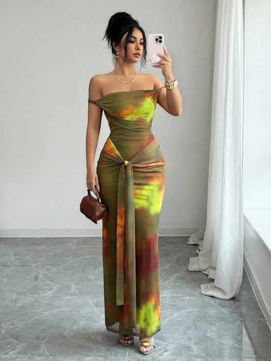 Elenzga Women's Elegant Summer Beach Vacation Dress,Off-Shoulder Fitted Tie-Dye Print Mesh Bodycon Long Dress,Olive Seductive Night Out Multi-Color Dress